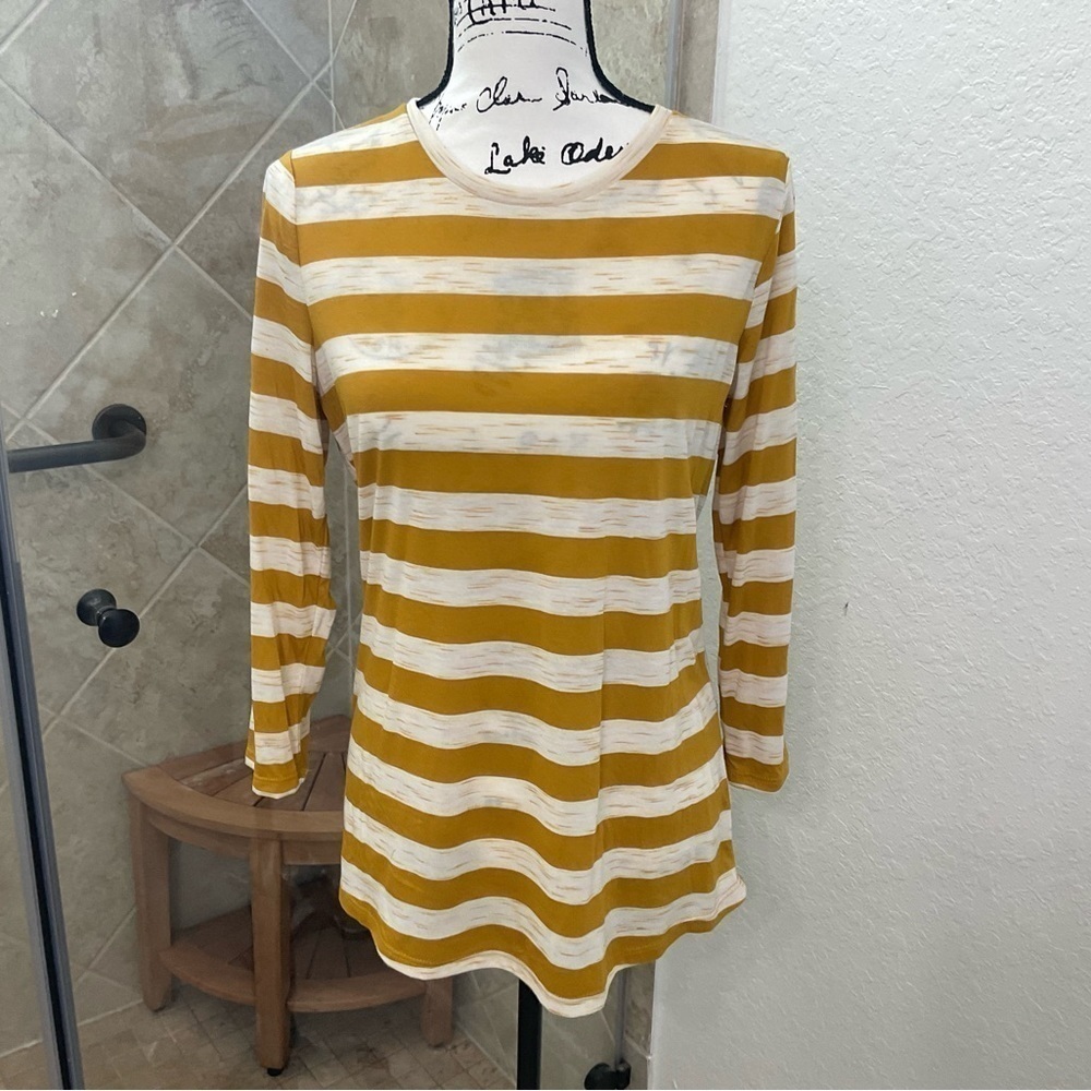 The Perfect Tee Gold/White Stripped Top, Size Medium. Rayon Blend.